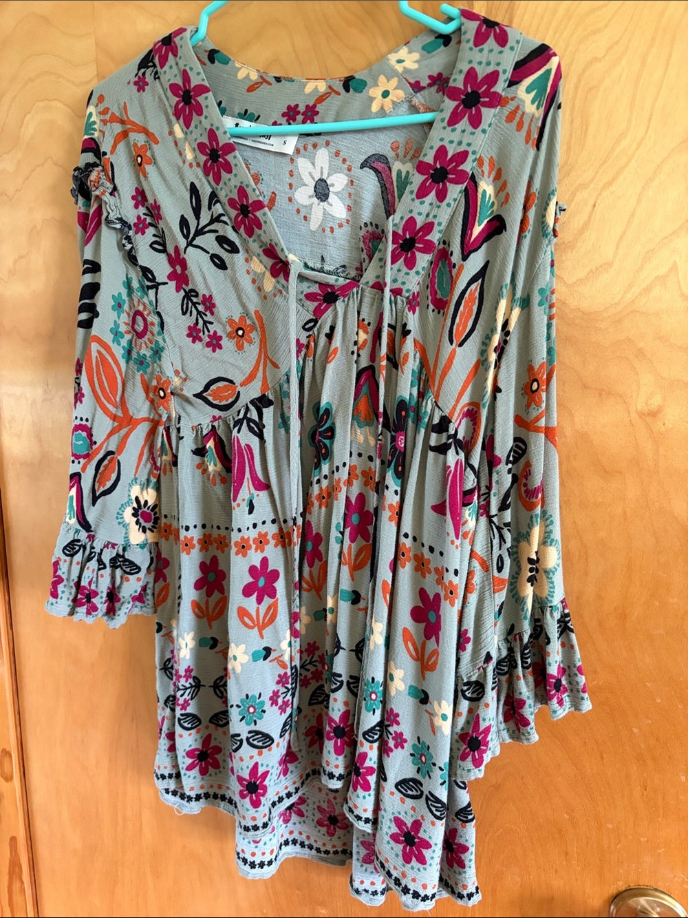 Three Bird Nest Floral Tunic Top in Dusty Blue with Pink & Orange Accents
